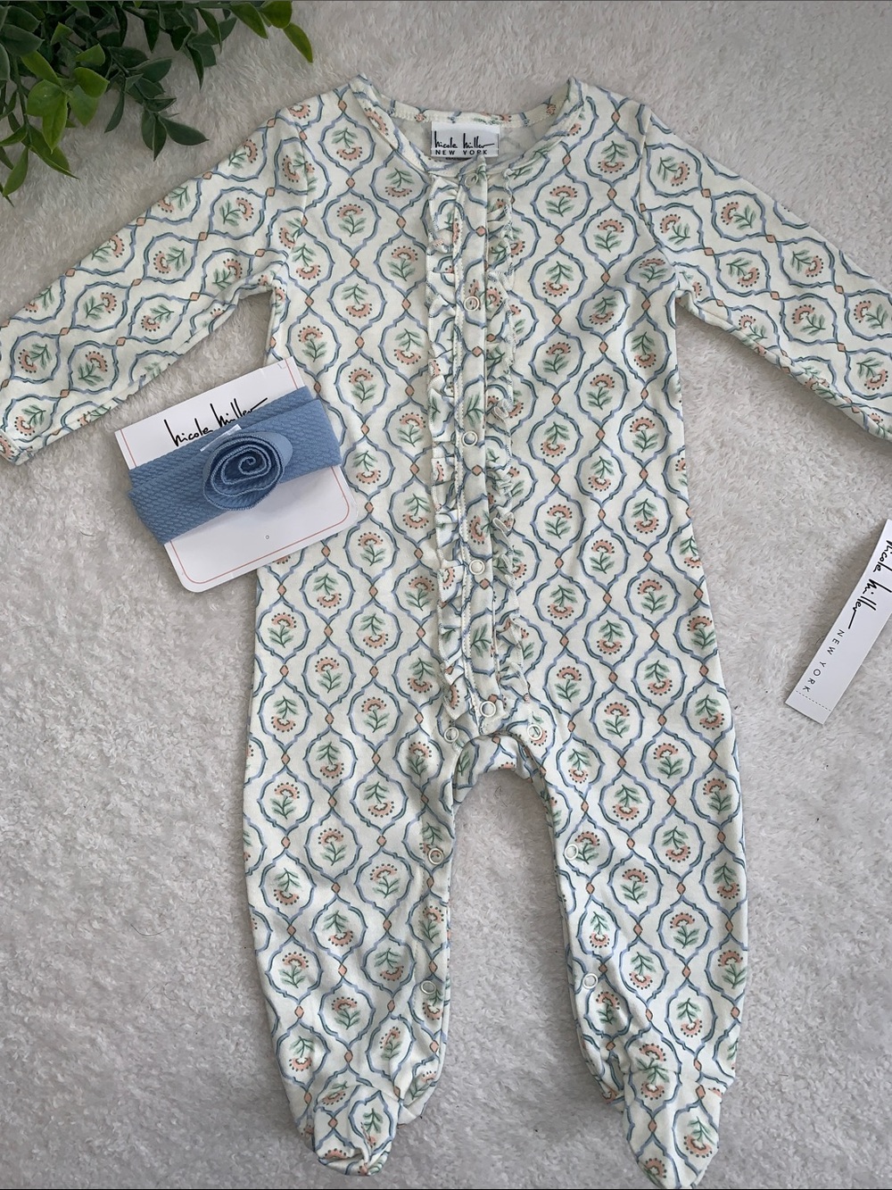 NWT Nicole Miller Cream Floral Footie 6-9M Matching Blue Headband
